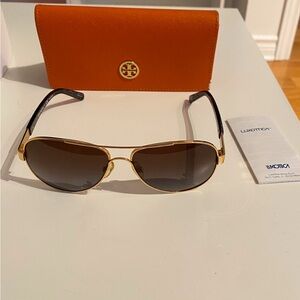 Tory Burch Gold Aviator Sunglasses with Brown Gradient Lenses